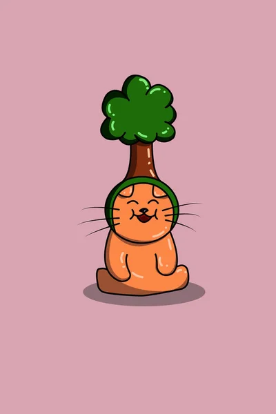 Χαριτωμένο Ευτυχισμένη Γάτα Δέντρο Ζώων Εικονογράφηση Κινουμένων Σχεδίων — Διανυσματικό Αρχείο