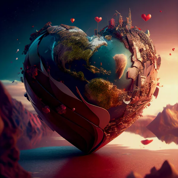 heart in the shape of a planet earth, creative ai