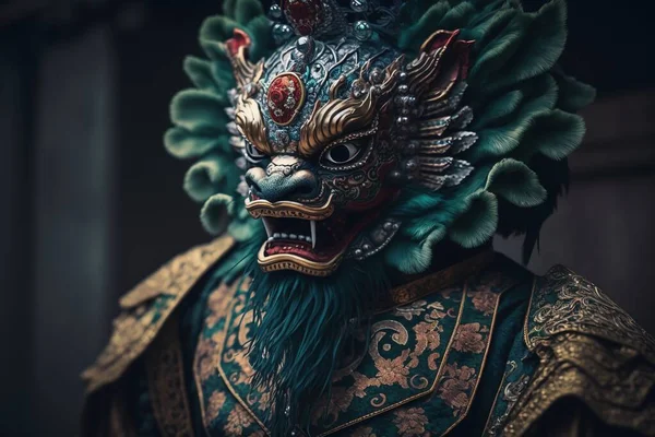 Chinese lion dance portrait with dark background