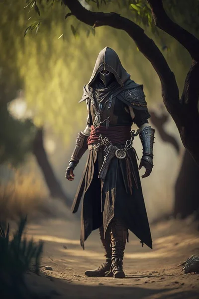 a man in assassin suit with sword and mask
