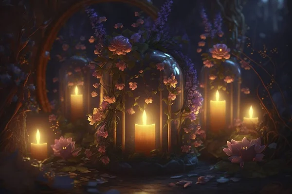 gentle mysterious fairy tale background with flowers and burning candles