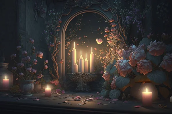 gentle mysterious fairy tale background with flowers and burning candles
