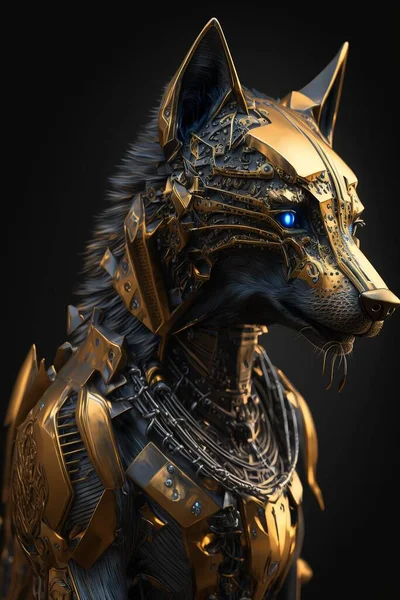 high-tech wolf robot in white and gold, generative ai