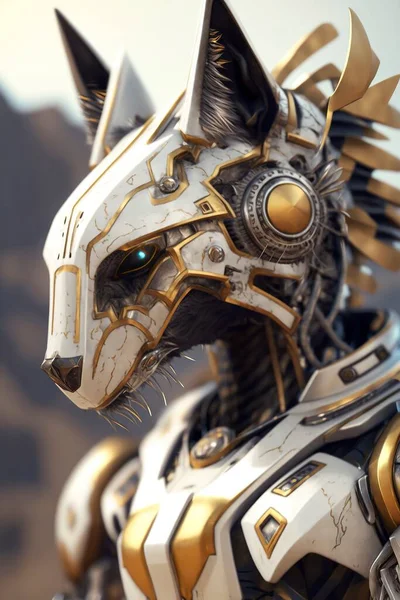 high-tech wolf robot in white and gold, generative ai