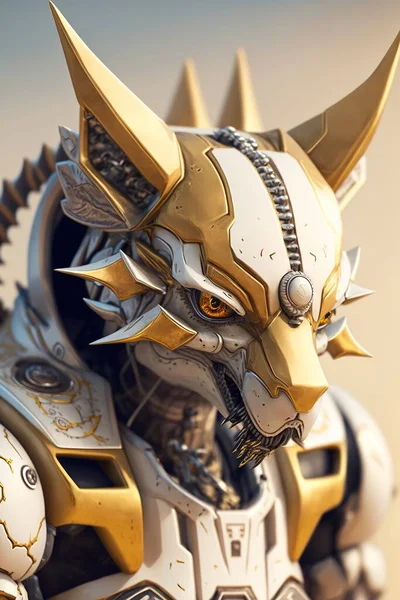 high-tech wolf robot in white and gold, generative ai