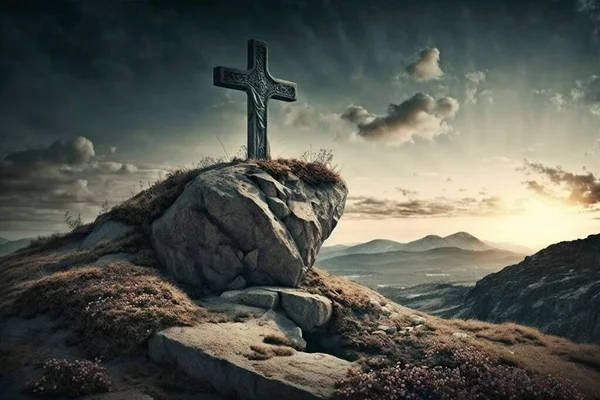 Stone Cross on a hill with a beautiful view