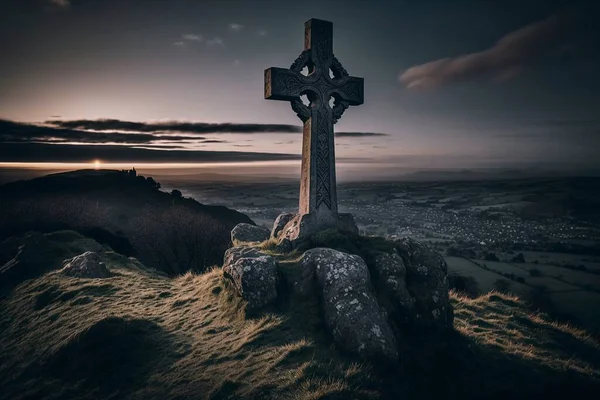 Stone Cross on a hill with a beautiful view