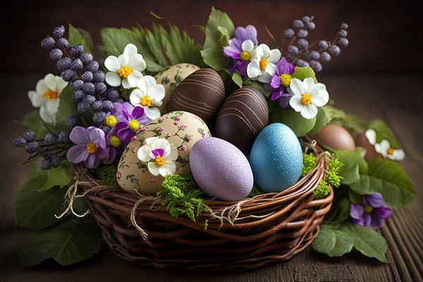 easter eggs and chocolate with flowers on a wooden background