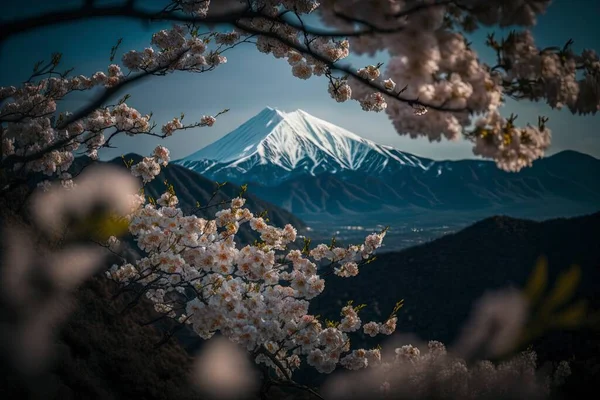Mountain view with cherry blossoms as foreground