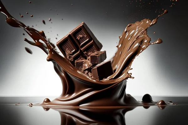 chocolate splash and melted caramel. 3d rendering, illustration, vertical.
