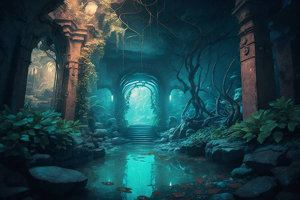 3d illustration of a fantasy scene with a glowing cave