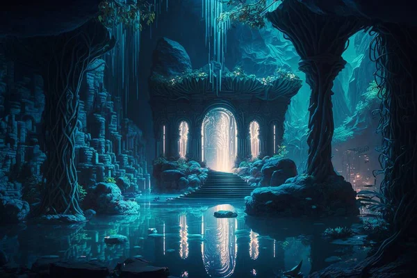 fantasy cave interior with glowing water and stalagmites