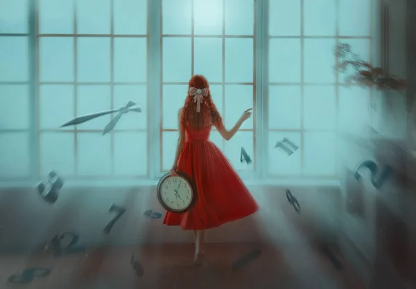 Pojęcie Kobieta Czas Jest Ulotne Fantasy Girl Księżniczka Trzyma Zegar — Zdjęcie stockowe