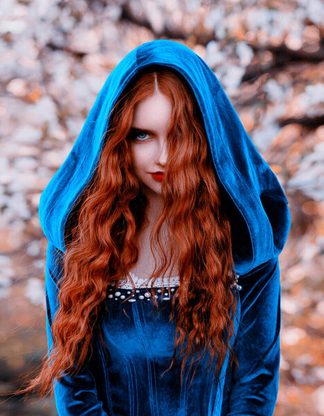 Portrait fantasy red-haired woman witch. Girl gothic princess. Blue medieval dress. Sexy lady queen, red long curly hair flying in wind. Spring blooming tree forest. Beauty face, hood cape on head.
