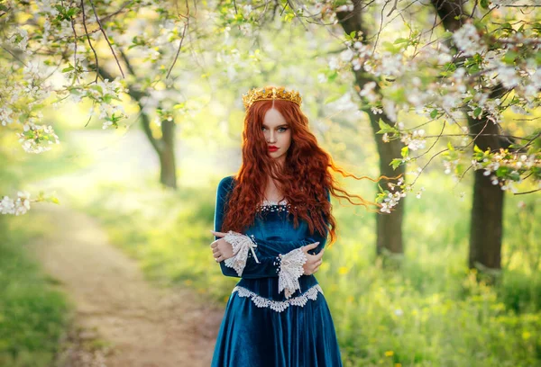 红头发奇幻女皇后蓝色的天鹅绒长裙旧式服装 红色卷曲的头发在风中飘扬 夏日自然 绿树成荫 女公主的漂亮脸蛋艺术照片 — 图库照片