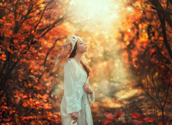 Fantasy Portrait Girl Princess Teenager Enjoys Nature White Bird Barn — 스톡 사진