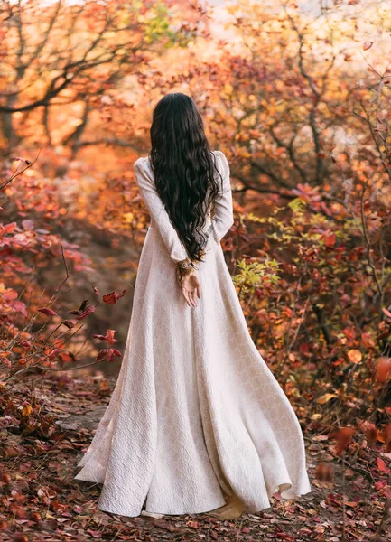 Mystery art portrait fantasy woman queen walking in gothic autumn forest, white vintage style dress. Girl princess long wavy hair sexy lady back rear view. Red orange yellow color dark tree park.