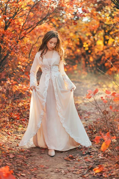 幻想中的少女公主走在森林小径 土路上 长长的金发可爱的脸 白色复古礼服 秋天的大自然 红色的橙色会留下树木 精灵仙女 年轻女人 艺术摄影图像 — 图库照片