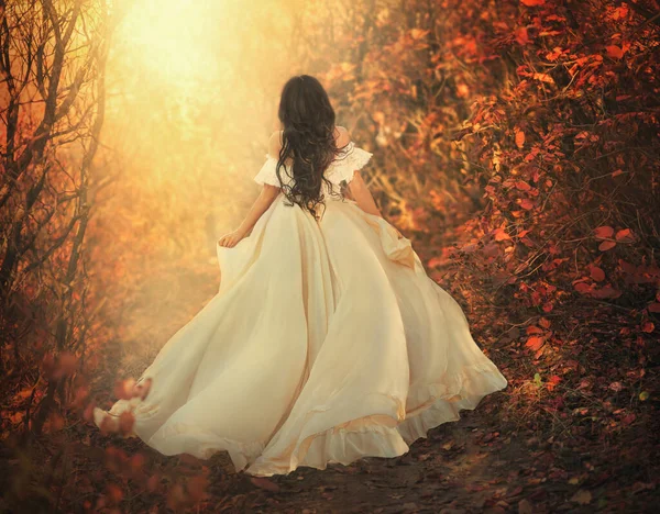 艺术摄影奇幻女女王在深秋的森林里 在神奇的阳光下奔跑 长长的白色复古风格的服装飘扬着飘扬的风 女孩性感的背赤裸的肩膀 没有脸 — 图库照片