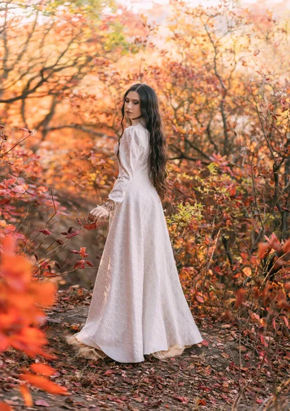 Mystery art portrait fantasy woman queen walking in gothic autumn forest. Girl princess long wavy hair sexy lady looks back, rear view white vintage style dress. Red orange yellow color dark tree park