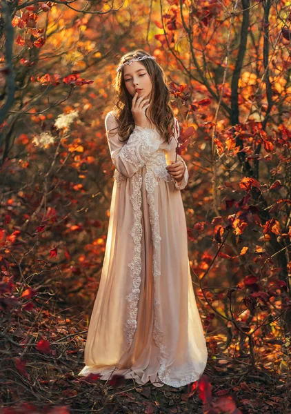 Retrato Fantasia Adolescente Princesa Menina Andando Floresta Cabelo Loiro Fluindo — Fotografia de Stock