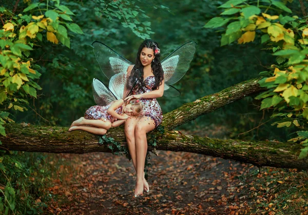 幻想中的女仙女 坐在圆木上 爱抚着睡着的小女孩 Pixie在做梦妈妈给女儿读童话 唱摇篮曲 家庭枪林弹雨母爱 树夏季森林 — 图库照片