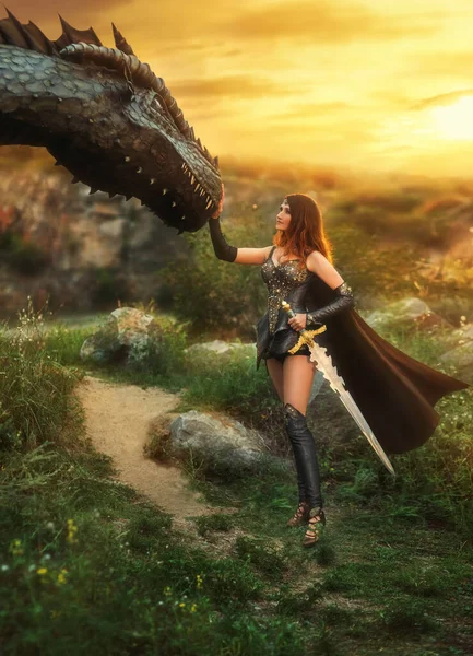 Fantasy female warrior holding sword hand touches dragon. Green grass mountains sunset light. Warrior Queen sexy costume creative design clothing leather armor bronze chain mail. Cape fly on wind.