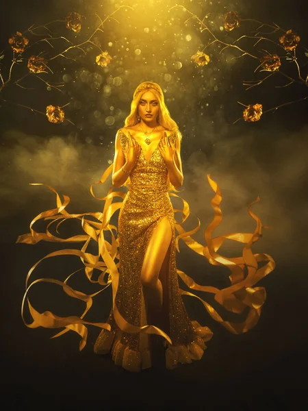 Fantastische Vrouw Koningin Met Metallic Gouden Huid Lange Jurk Stof — Stockfoto