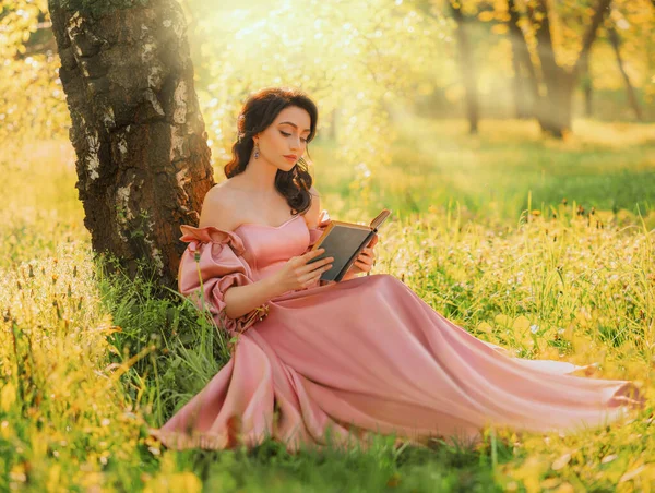 幻想中的女人手牵着浪漫的书坐在树下看书 粉红色的老式长裙 仙女公主在花园夏天的自然绿草魔法阳光 艺术摄影真人 — 图库照片