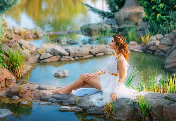 Fantasy Woman Goddess River Nymph Sits Stone Rock Lake Golden — Stock Photo, Image
