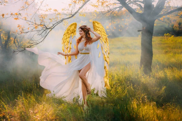 黄金の鳥の羽が森の中を歩くアートフォトファンタジーの女性の天使 妖精の神秘的な女の子ギリシャの女神長い白いヴィンテージ古代のスタイルのドレス創造的な宝石 木霧霧魔法の太陽の光 — ストック写真