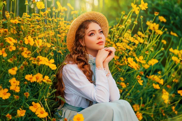 Art Fantasy Young Woman Vintage Straw Hat Head Sits Blooming — Stock Photo, Image