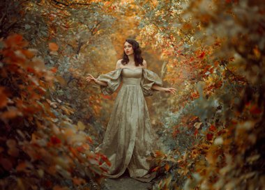 Queen fantasy woman walks in path mystical autumn forest. Orange Gold red foliage fairy tale scenery trees. Happy smiling Princess girl. Vintage long golden dress, puffy sleeves. Sexy medieval lady clipart