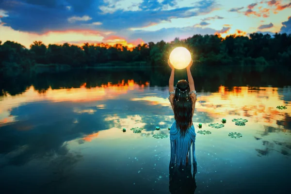 Art Photo Magic Fantasy Woman Moon Holding Universe Planet Hands — Stock Photo, Image