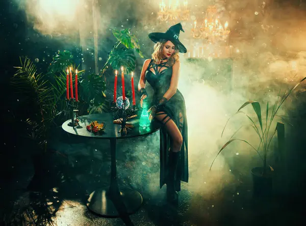 Fantasy Woman Witch Creates Magic Dark Gothic Room Full Smoke — Stock Photo, Image