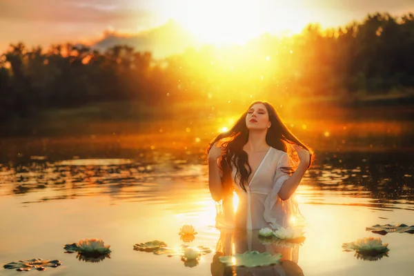 Fantasy Woman River Nymph Stands Water Enjoys Nature Magical Divine Stock Photo