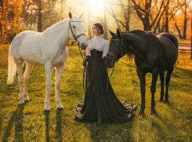 Atlı fantezi kraliçesi. İki siyah beyaz at tutan mutlu yetişkin kız güzellik kraliçesi. Aşk evcil hayvanı. Yaz doğası güneş ışığı. Eski moda uzun elbise, eski tarz sanat fotoğrafı. Gerçek bir insan..