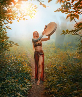 Sanatsal fotoğraf gerçek fantezi kadın şaman davulu elinde tutar, müzik çalar gizemli melodiyi çalar. Sihirli gizemli orman yeşil çimen ağaçları sisli güneş ışığı. Kadın Viking İskandinav kahverengi kırmızı elbise.