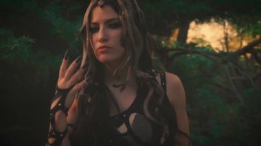 Medusa gorgon Yunan tanrıçasının mistik portresi. Siyah karnaval kostümü. Karanlık Ormandaki Gotik Kız. Yılanların başındaki korkunç peruk saçı. Kara kraliçe sihirli gözler kameraya bakar.