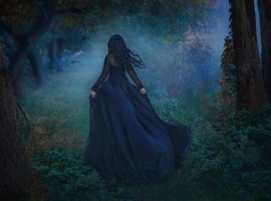 Yoğun ormanda koşuşturan gotik kadın kraliçe uzun siyah saçlar, siyah elbisenin kenarlarında dalgalanan kanat çırpan kumaş rüzgârda uçuşan sinek. Fantezi seksi, korkmuş kız. Gece doğa ağaçları yeşil çimenler. Mutlu bayan sanat eseri..
