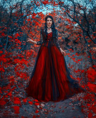 Art photo real person gothic woman princess walking in forest tree long black hair red dress. Fantasy sexy girl princess. dark autumn nature trees red leaves. lady vapire touching red bloody leaves. clipart