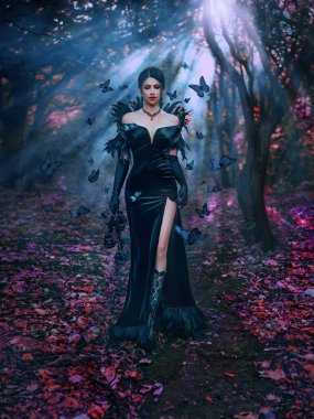 Art photo real woman hand holding black rose flower, Fantasy gothic girl walking in dark forest moon light rays, surrounded by butterflies flying around, black sexy dress feathers long high gloves.  clipart