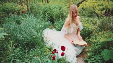 Yeşil çimlerin üzerinde oturan mutlu romantik kadın yüzü bahçede kitap okumayı, Ortaçağ Kadını 'nın el ele tutuşup roman okumayı seviyor. Seksi kız prenses, uzun sarı saçlı, beyaz, eski tarz elbise..