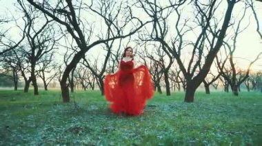 Ortaçağ kraliçesi fantezi kadın ormanda duruyor, koyu saçlı, kırmızı elbiseli, altın taç takan kadın. Kız Prenses Kötü Cadı Sonbahar Ormanı 'nda gizemli bir ormanda yürüyor. Güneş batımı aydınlık karanlık çıplak ağaç