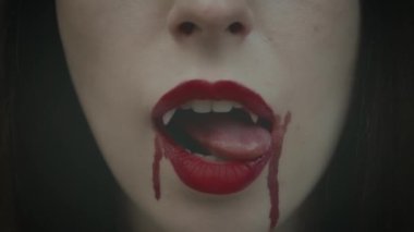 Çekici, seksi bir vampir kadının sahte dişleriyle yaladığı yüz silueti. Kırmızı dudaklarda akan kan damlaları. Güzel ağzın yakın plan portresi. Kutlama sanatı cadılar bayramı makyajı. Gotik kadın.