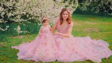 Aile fotoğraf çekimi için poz veriyor gülümseyen yüzlü kadın el ele tutuşuyor küçük kız. Mutlu anne ve kızı birlikte. Uzun pembe elbise. Kraliçe ve bebek prenses. bahar kiraz ağaçları beyaz çiçekler bahar doğası