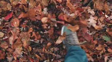 Bir adam hışırdar, sonbahar kırmızı-turuncu yapraklarını yere atar. Mavi kotlar ve gri deri ayakkabılar.