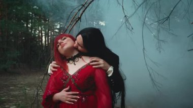Siyah paltolu gotik vampir sarılıyor, boynunu ısırıyor kadın kanı içiyor. Deri kırmızısından damlayan kanlı sanat damlaları. Mutlu bayan fantezi çift iki kötü yüz. Kırmızı elbiseli sis ormanı ağacı.