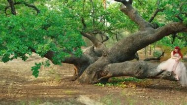 Kadın fantezi elf kraliçesi Oak Spring Ormanı Yeşil Ağaçlar yaz parkında oturuyor. Peri kız prenses. Pembe ipek elbise, altın kelebek kanatları. Kostüm sihirli yaratılış tanrıçası yaratıcı tasarım