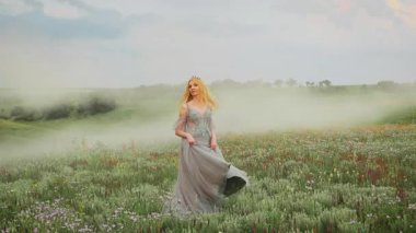 Genç, mutlu, sarışın, fantezi kraliçesi yeşil doğada dönüyor fırıl fırıl dönüyor dans eden etekler, sallanan gri elbiseler. Eski yaz kıyafetleri. Samimi kız prenses gelin mutlu manken pozu